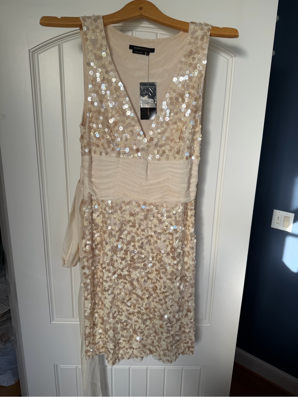 BCBG Champagne Sequin V-Neck Sheath Dress